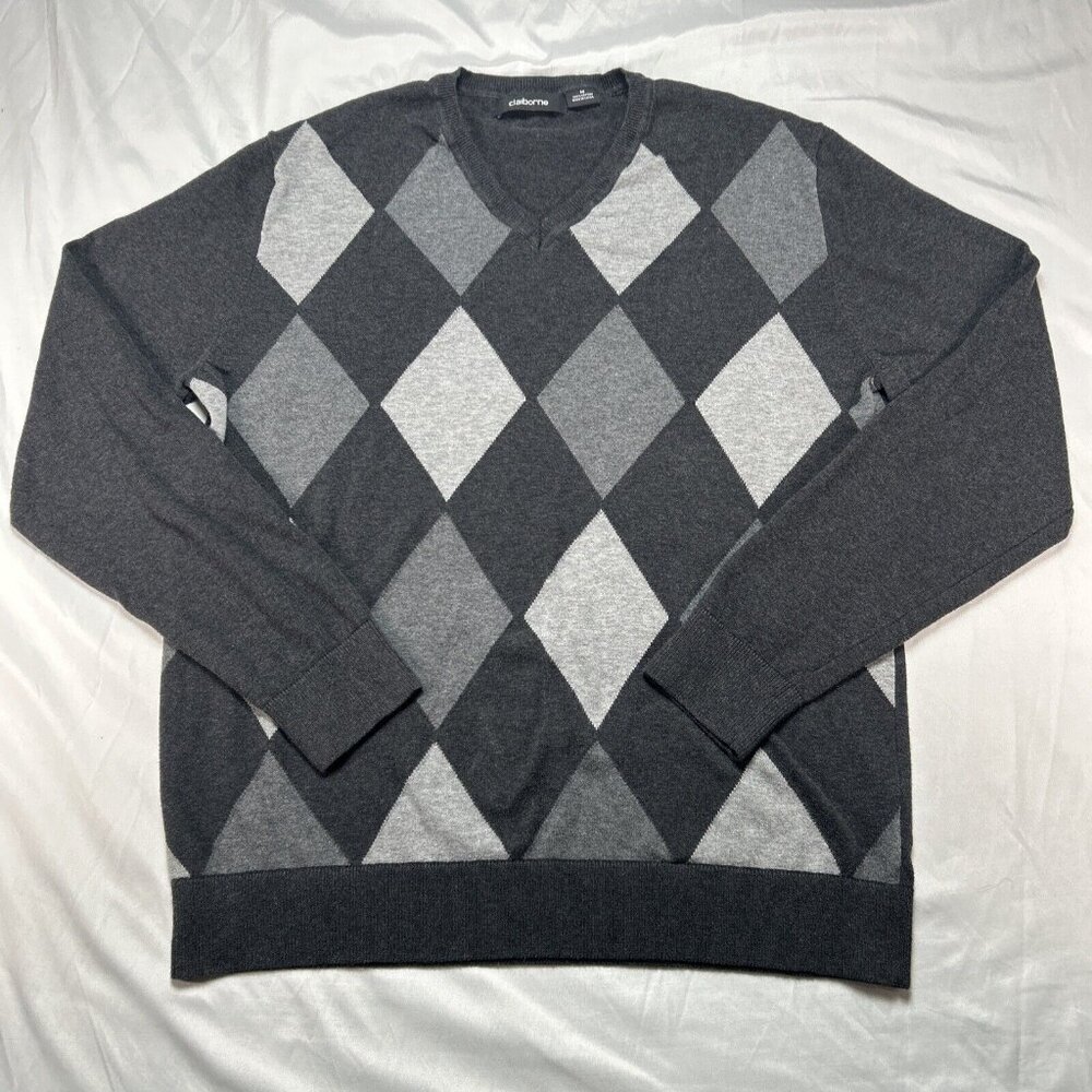 Claiborne Sweater Mens Medium Gray Argyle Pullover V Neck Long Sleeve Cotton